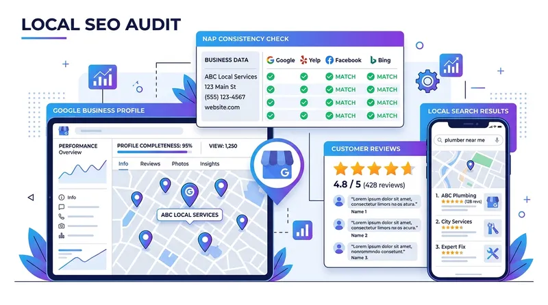 Ilustrasi audit local SEO menampilkan Google Business Profile, NAP consistency check, dan customer reviews