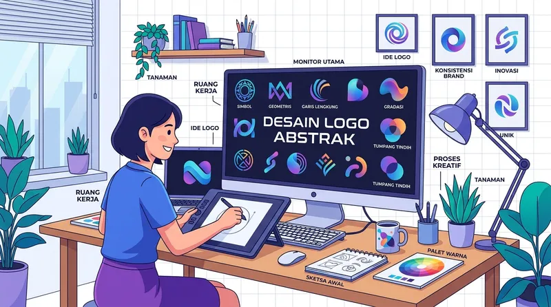Proses kreatif desain logo abstrak di workspace modern