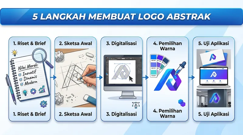 5 langkah membuat logo abstrak: riset brief, sketsa awal, digitalisasi, pemilihan warna, uji aplikasi