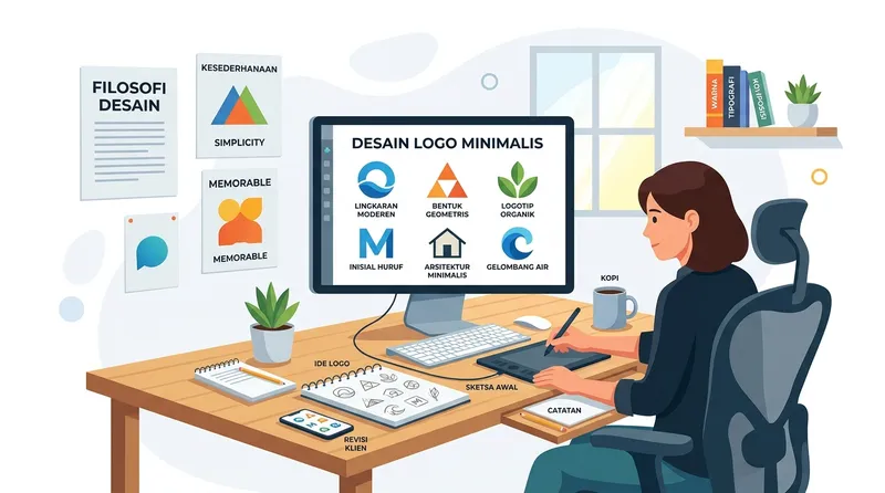 Logo keren simple - ilustrasi desainer sedang membuat logo minimalis