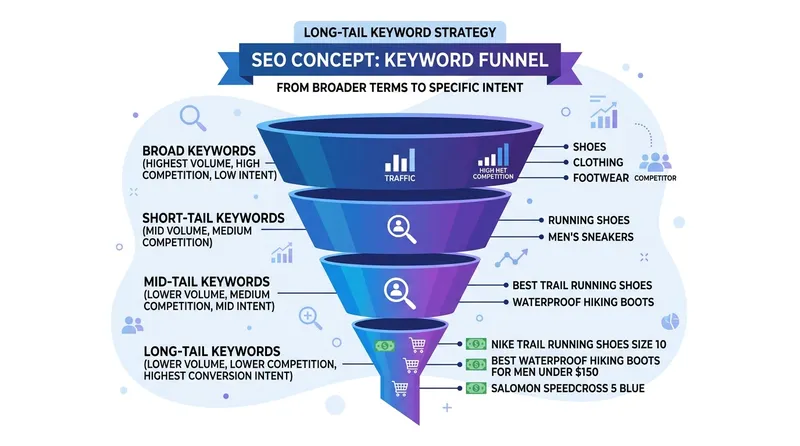 Funnel keyword dari broad ke long-tail: semakin spesifik, semakin tinggi conversion