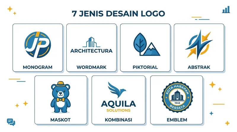 Infografis 7 jenis desain logo: monogram, wordmark, piktorial, abstrak, maskot, kombinasi, dan emblem