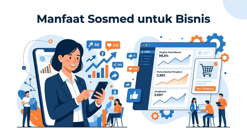 Ilustrasi manfaat sosmed untuk bisnis menampilkan dashboard analitik dengan metrik engagement rate, pertumbuhan pengikut, dan jangkauan