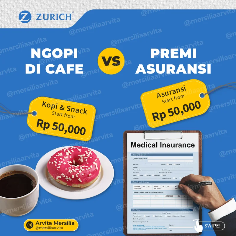 Contoh konten feed Instagram Mersilia Arvita - Ngopi di Cafe vs Premi Asuransi
