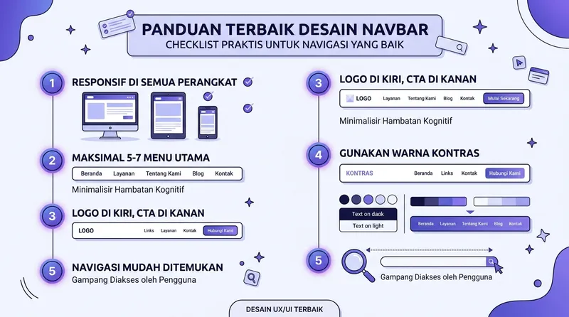 Infografis panduan terbaik desain navbar: responsif, 5-7 menu, logo kiri CTA kanan, warna kontras