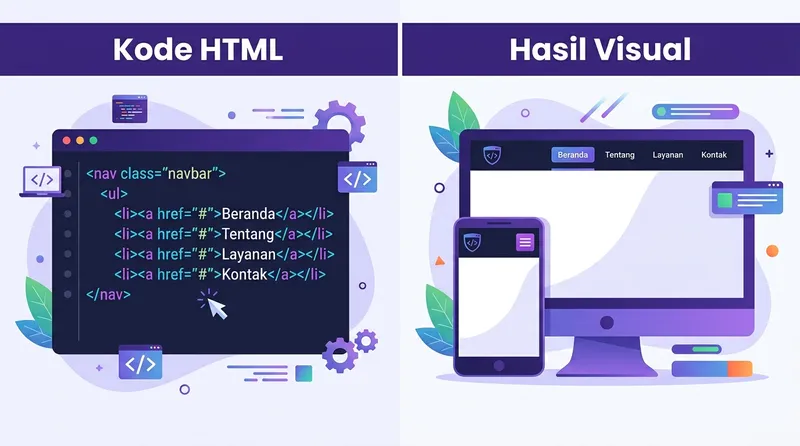 Ilustrasi kode HTML navbar dan hasil visual di desktop serta mobile