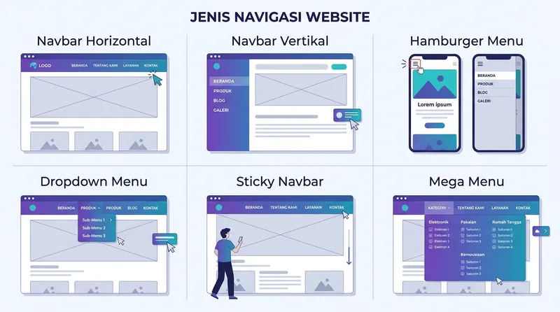 Ilustrasi 6 jenis navbar website: horizontal, vertikal, hamburger, dropdown, sticky, dan mega menu