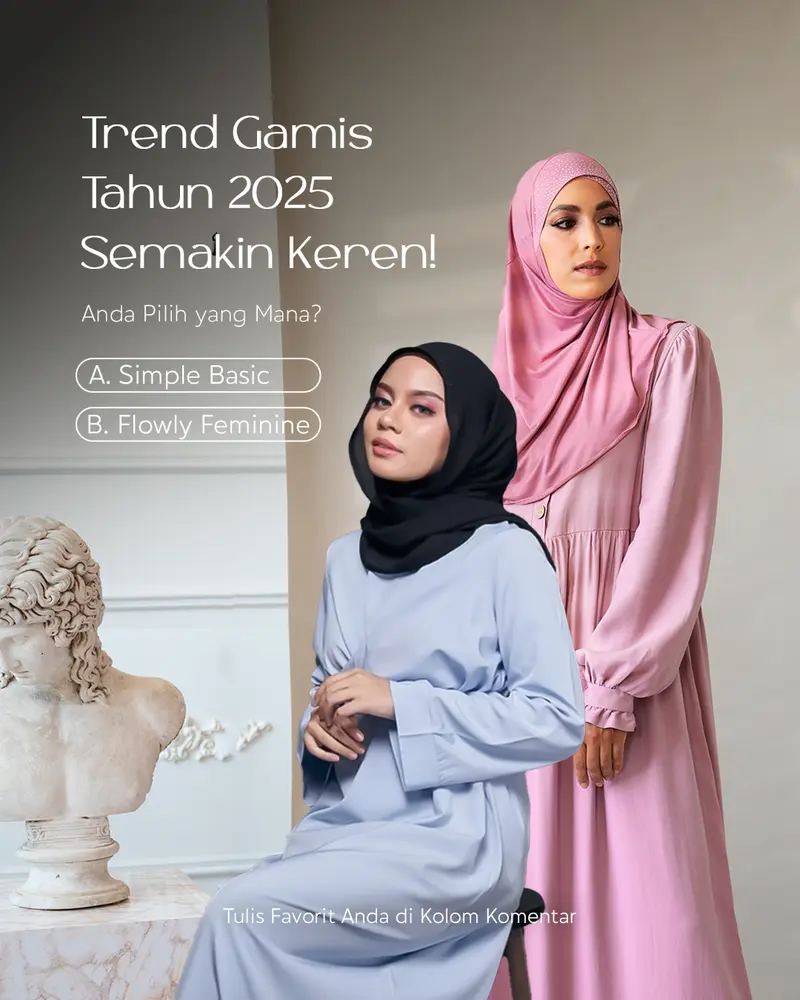 Desain konten Instagram Nisasa - polling trend gamis 2025 dengan model hijab pink dan biru pastel