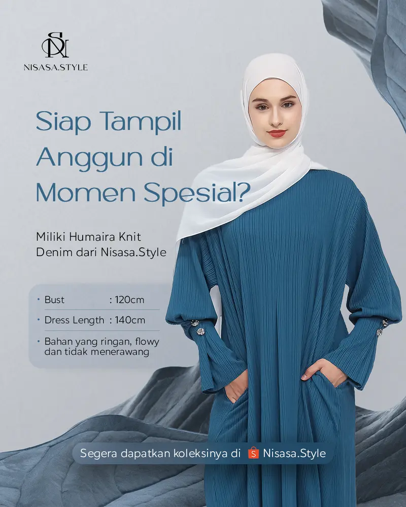 Desain konten Instagram Nisasa - product showcase Humaira Knit Denim gamis elegant biru teal