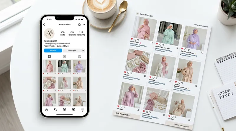 Instagram feed konten fashion muslim Nisasa dengan grid layout konsisten dan palet warna pastel