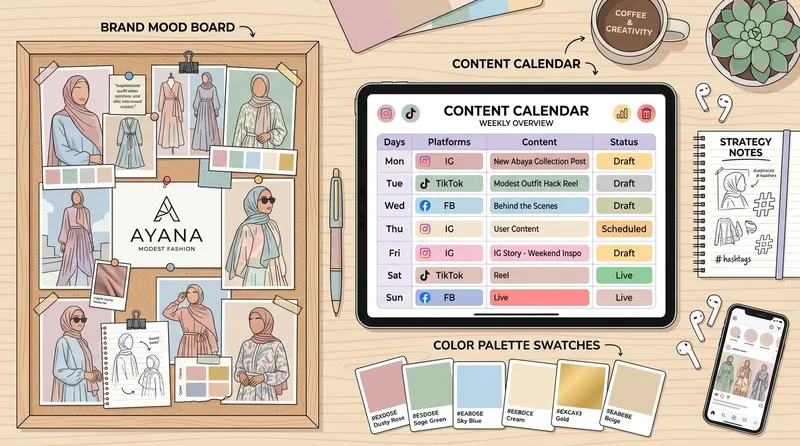 Strategi content calendar dan mood board untuk pengelolaan social media brand fashion muslim Nisasa