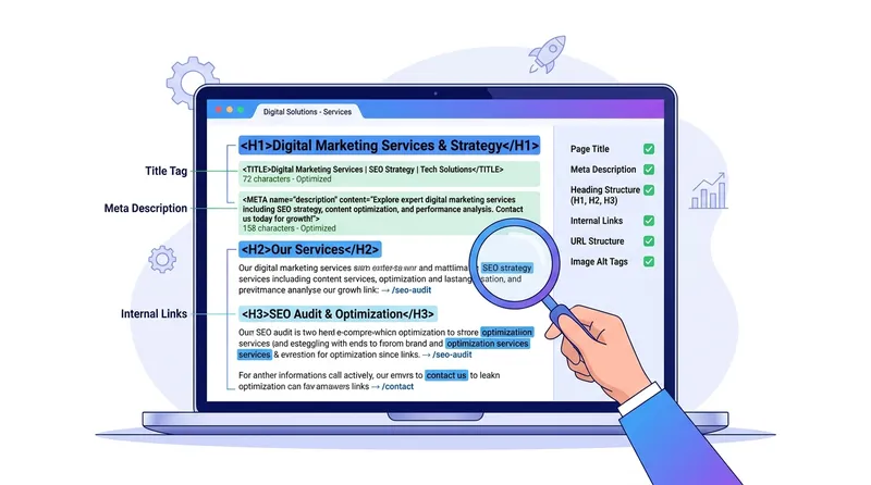 Ilustrasi audit on-page SEO menampilkan title tag, meta description, heading hierarchy, dan internal links