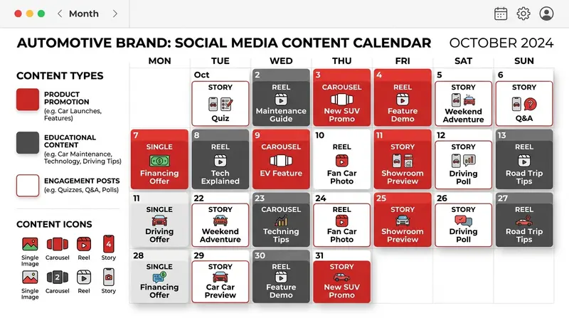Content calendar bulanan untuk strategi social media Oto Sparepart dengan pembagian konten promosi, edukasi, dan engagement