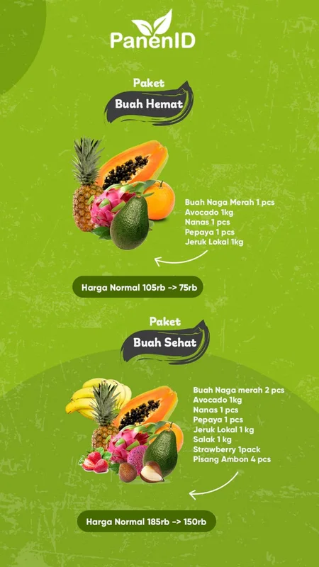 Desain konten promosi Panen Indonesia - Paket buah hemat dan paket buah sehat dengan harga terjangkau