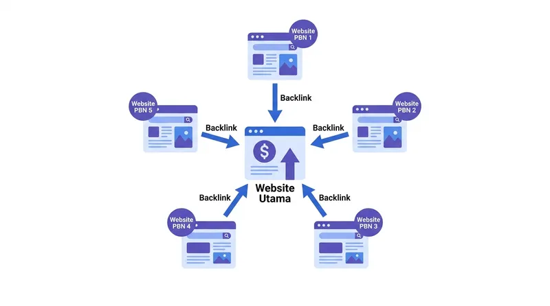 Diagram cara kerja PBN mengirim backlink ke website utama