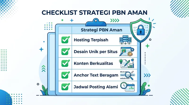 Checklist strategi PBN aman: hosting terpisah, desain unik, konten berkualitas, anchor text beragam, jadwal posting alami