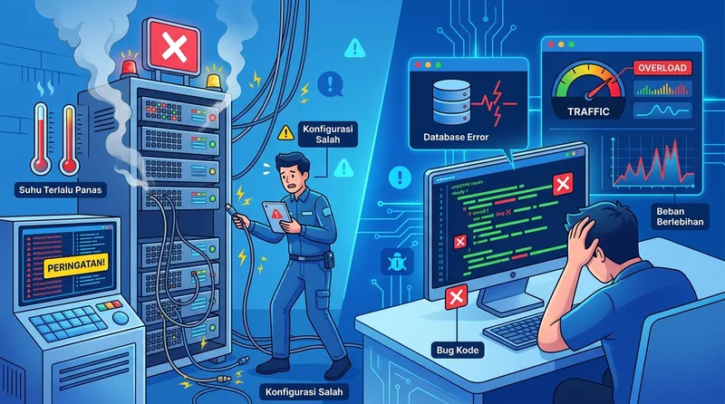 Ilustrasi penyebab server error: konfigurasi salah, bug kode, database error, dan beban berlebihan