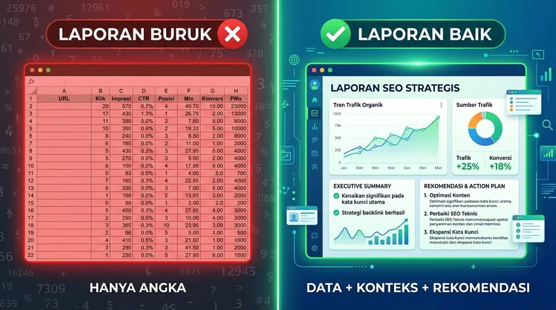 Perbandingan visual antara SEO report yang buruk (hanya angka) dan yang baik (data plus konteks plus rekomendasi)