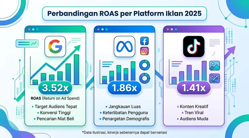 Perbandingan ROAS Google Ads Meta Ads dan TikTok Ads tahun 2025