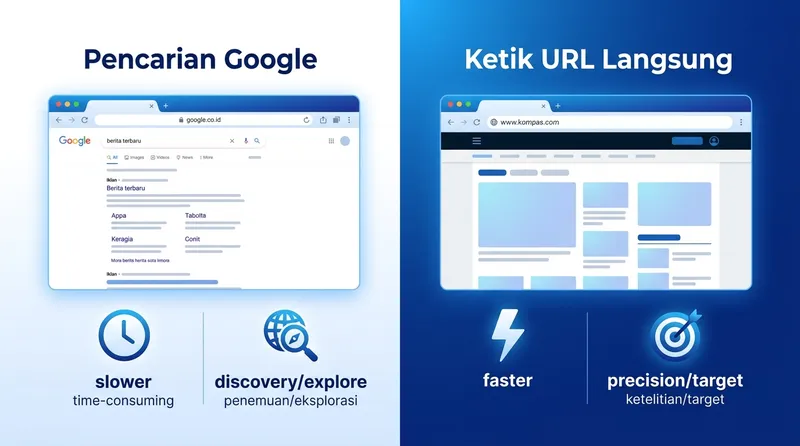 Perbandingan visual antara pencarian Google dan mengetik URL langsung
