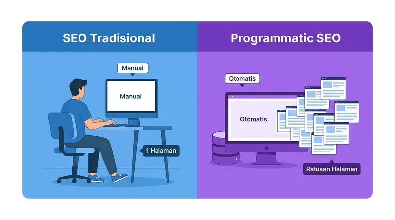 Perbandingan visual SEO tradisional yang manual versus programmatic SEO yang otomatis