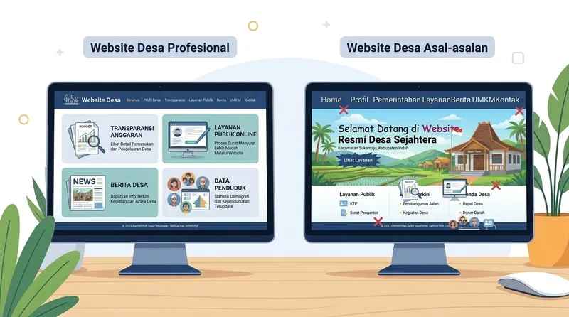 Perbandingan desain website desa profesional versus asal-asalan