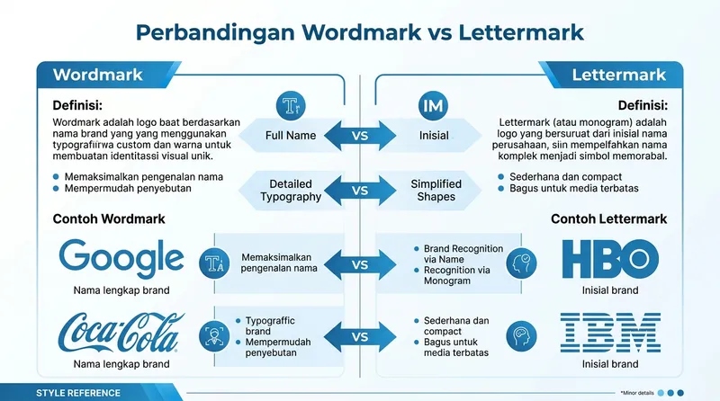 Infografis perbandingan tipe logo wordmark dan lettermark beserta contohnya