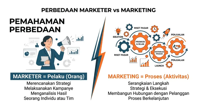 Infografis perbedaan marketer sebagai pelaku dan marketing sebagai proses