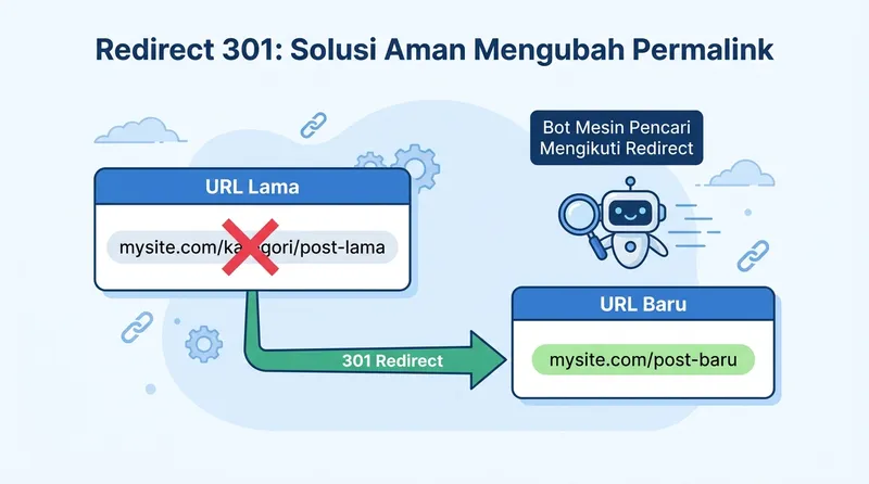 Ilustrasi cara kerja redirect 301 saat mengubah permalink website