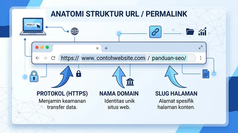 Anatomi struktur permalink URL menunjukkan protokol, domain, dan slug halaman