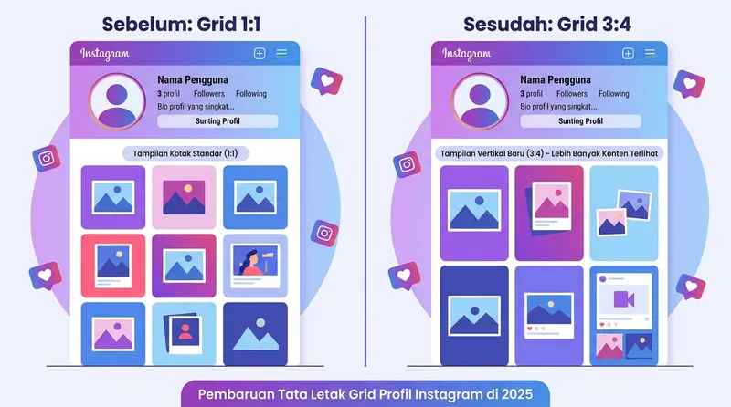 Perbandingan grid profil Instagram sebelum dan sesudah perubahan dari 1:1 ke 3:4 di tahun 2025