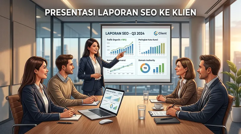Ilustrasi presentasi laporan SEO ke klien di ruang meeting dengan dashboard yang menampilkan grafik pertumbuhan traffic