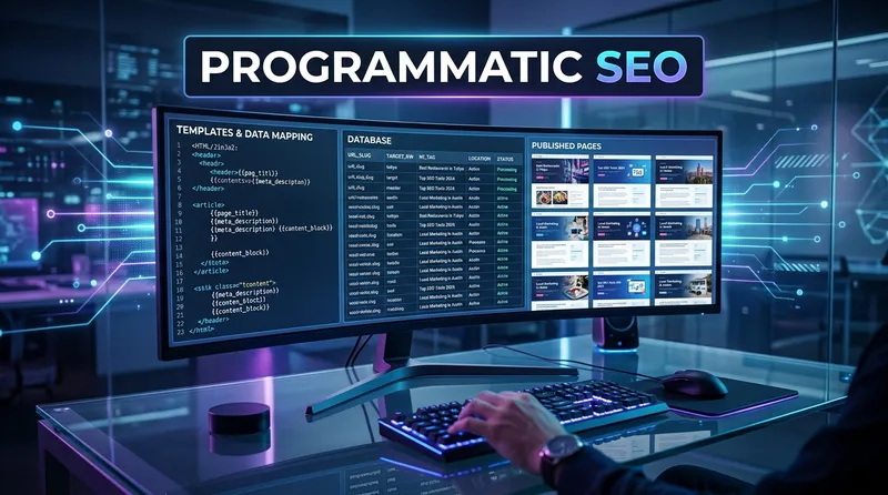 Ilustrasi konsep programmatic SEO dengan template, database, dan halaman yang dihasilkan otomatis