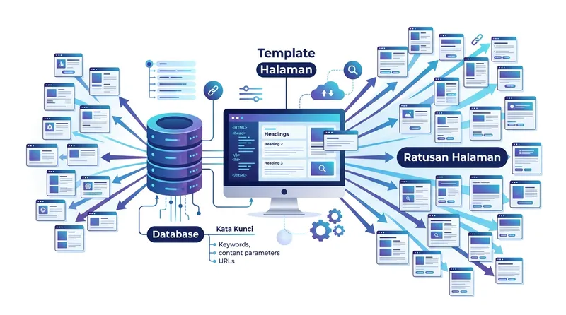 Ilustrasi konsep programmatic SEO menghubungkan template halaman dengan database untuk menghasilkan ratusan halaman