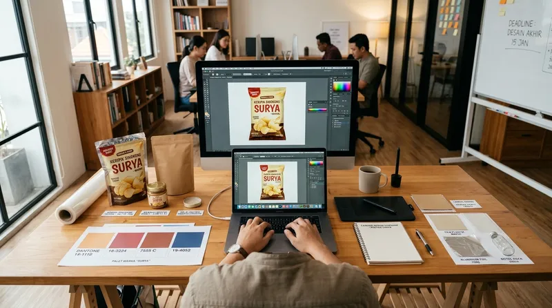 Proses desain kemasan produk makanan di studio desain profesional