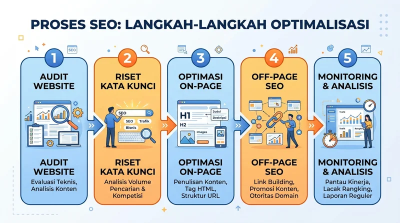 Proses kerja jasa SEO Jogja Creativism dari audit hingga monitoring