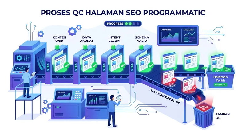 Ilustrasi proses quality control halaman programmatic SEO dengan checkpoint konten unik, data akurat, intent sesuai, dan schema valid