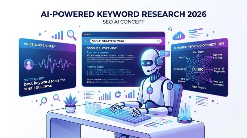 Ilustrasi riset keyword di era AI: Google AI Overviews, voice search, dan semantic connections