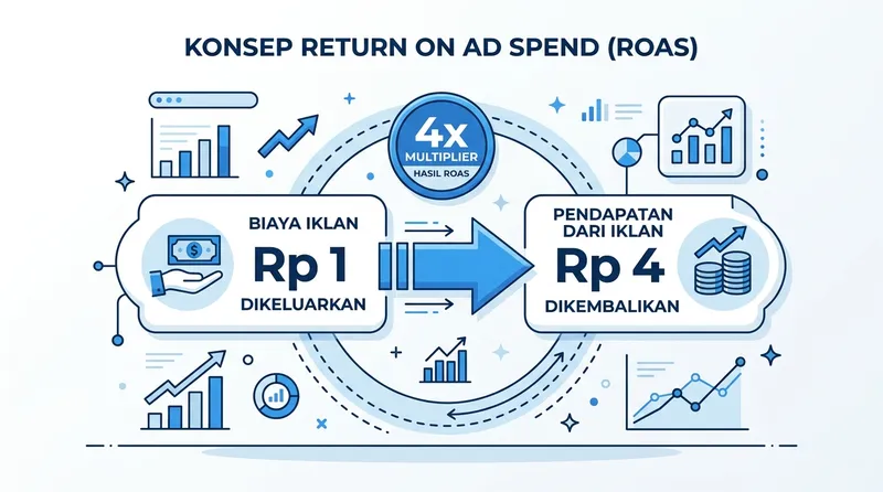 Ilustrasi konsep ROAS yang bagus berapa menunjukkan Rp 1 biaya iklan menghasilkan Rp 4 pendapatan