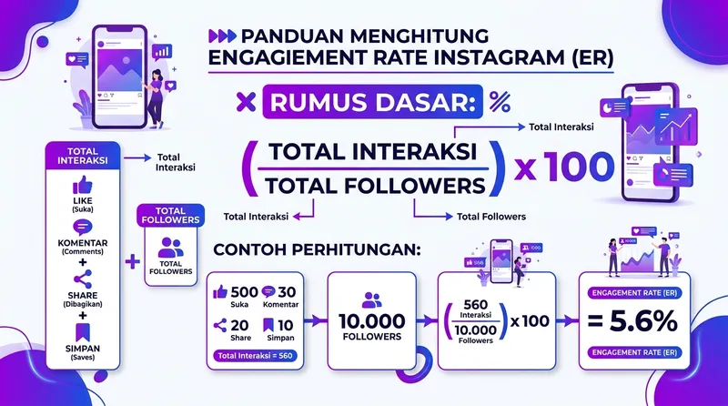 Infografis rumus menghitung engagement rate Instagram dengan contoh perhitungan