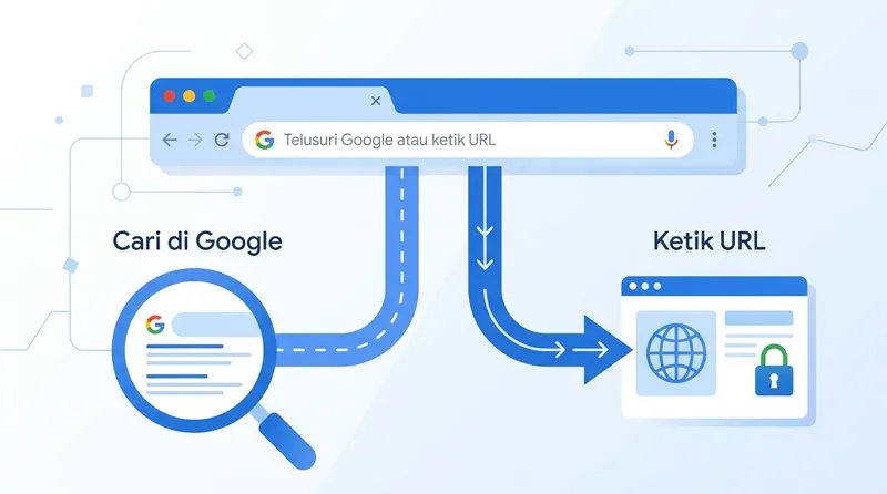 Ilustrasi Omnibox Chrome menunjukkan dua fungsi: cari di Google dan ketik URL