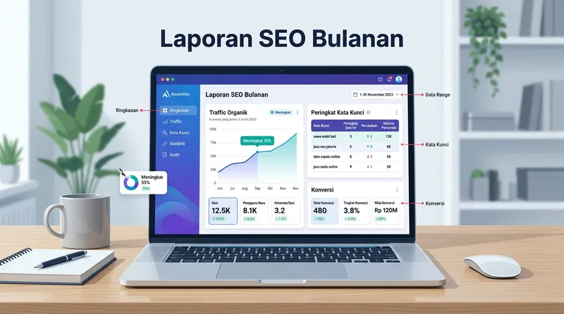 Contoh dashboard SEO report bulanan dengan metrik traffic organik, peringkat kata kunci, dan konversi