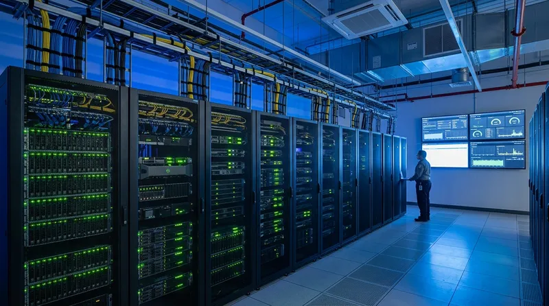 Server room modern yang terawat dengan baik dan monitoring performa