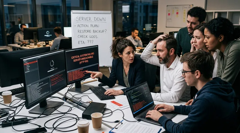 Tim IT menangani insiden downtime server di kantor