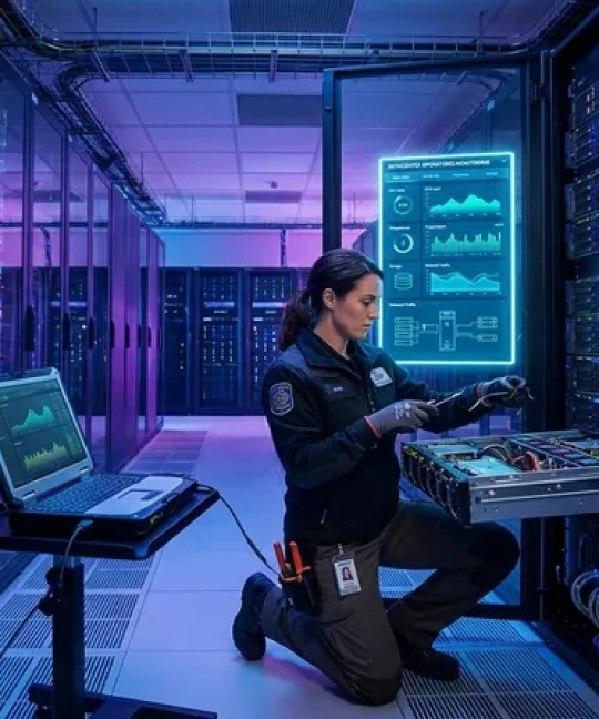 Teknisi melakukan server maintenance di data center modern