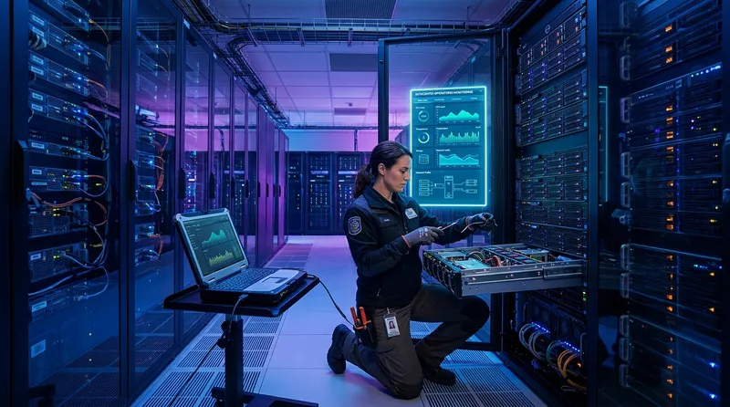 Teknisi melakukan server maintenance di data center modern