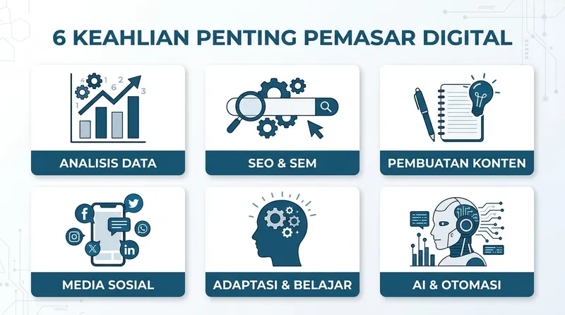 6 keahlian penting pemasar digital: analisis data, SEO, konten, media sosial, adaptasi, AI
