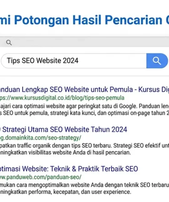 Anatomi snippet di hasil pencarian Google menunjukkan judul, URL, dan deskripsi meta