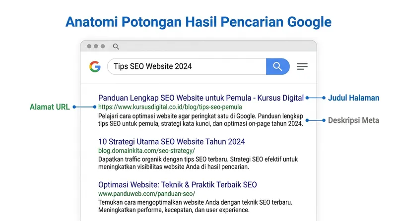 Anatomi snippet di hasil pencarian Google menunjukkan judul, URL, dan deskripsi meta
