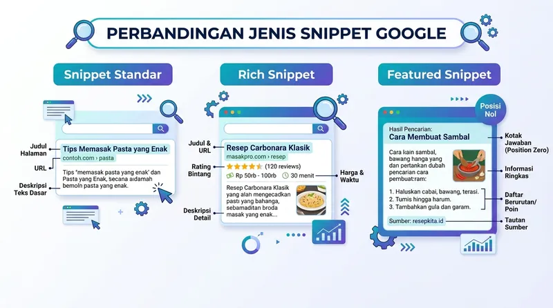 Perbandingan jenis snippet Google: snippet standar, rich snippet, dan featured snippet